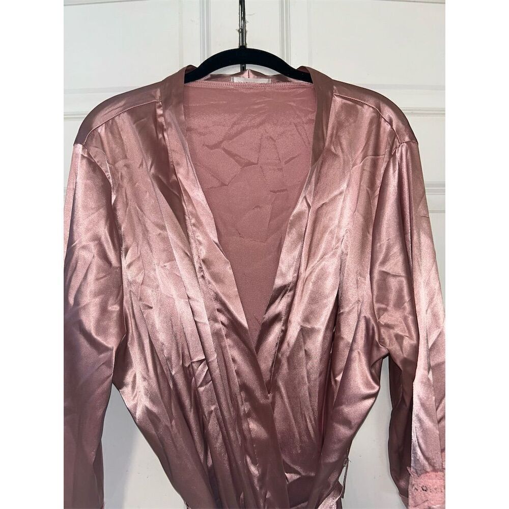 Ekouaer Women's 2XL Pink Satin Kimono Robe with Lace Trim - Picture 2 of 7
